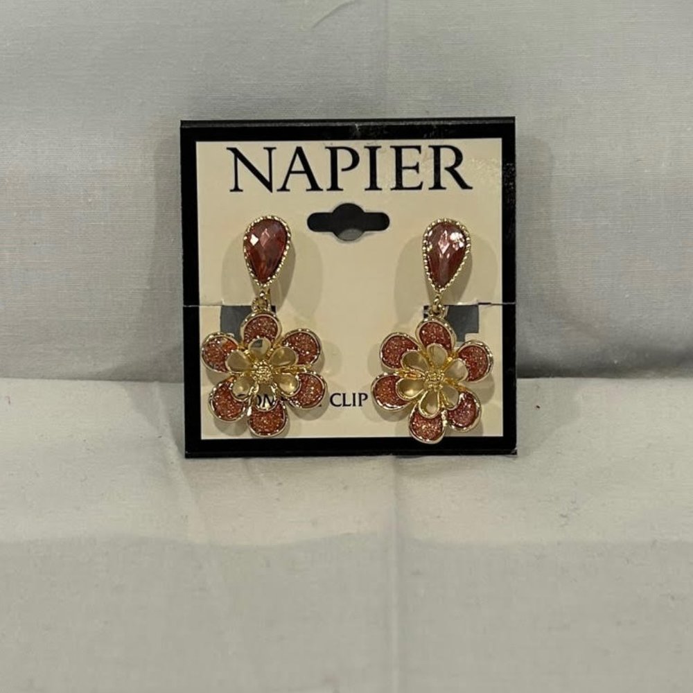 Napier Gold Tone Simulated Crystal Enameled Flower Cip-On Drop Earings NWT